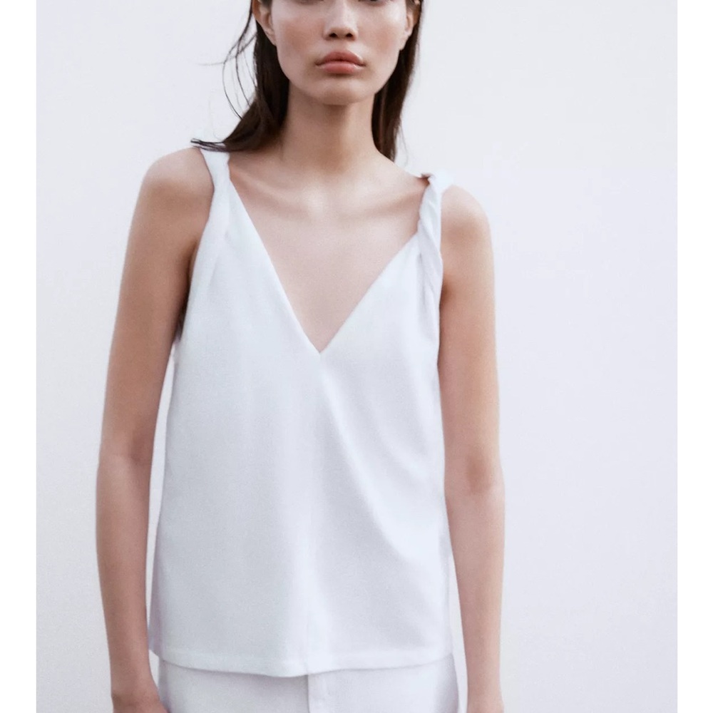 NWT Zara White Cotton Twist V-Neck Women's Tank Top Size S